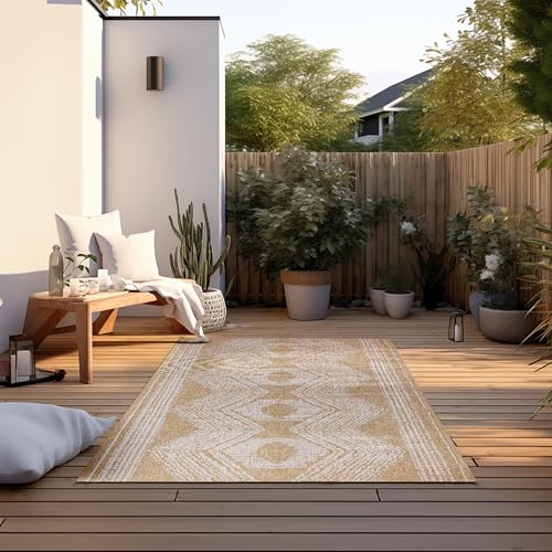 Elle Decoration Indoor and Outdoor Rug Reversible Rug Weatherproof & Waterproof Modern Boho Ethnic Pattern Geometric Outdoor Rug for Garden, Balcony, Patio, Living Room - Ochre, 160 x 230 cm