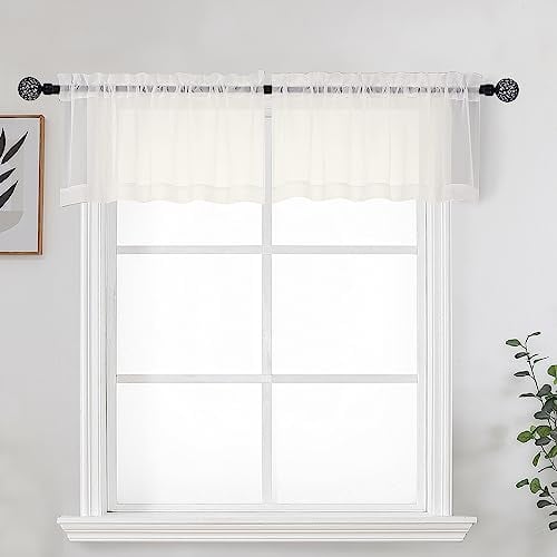 "OWENIE Ivory Sheer Valance for Kitchen Windows Set of 2, Small Modern Rod Pocket Voile Valance Curtain Window Treatment Decor for Living Room Bathroom Cafe Laundry Basement, 42"" W x 14"" L"