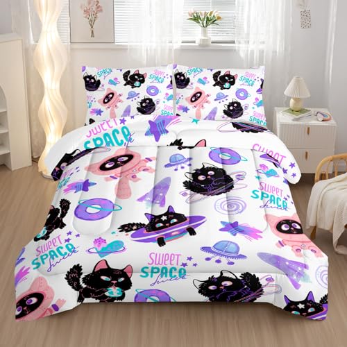 Nttopship Cute Cat Kids Comforter Set Twin,Pink Space Cat Comforter Set 3 Piece for Teens Kids Boys Girls Adults Black Cute Animal Room Decor Soft Microfiber Comforter 2 Pillow Cases,All Season