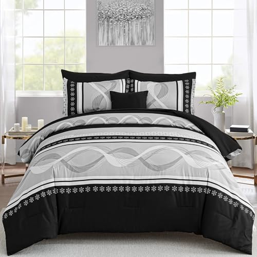 "Anibedding Black Comforter Set California King Size,8 Pieces Boho Bed in a Bag Patchwork Striped Comforter Set, Soft Microfiber Bedding Set for All Season(104""x96"")"