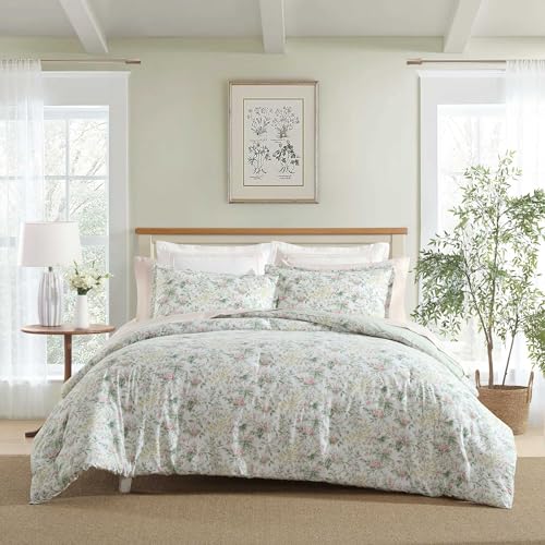 Laura Ashley Cotton Bedding with Matching Shams, Home Decor with Plaid Reverse, Bramble Floral Pink, Full/Queen