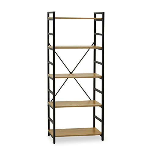 Premier Housewares Functional Cross-Pattern Design 5 Tier Light Yellow Shelf Unit-Bookcase Shelving With Black Metal Frame For Organizing Essentials-Compact Storage For Books