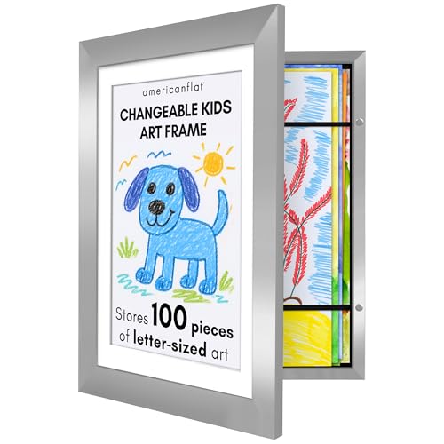 Americanflat Kids Artwork Display Frame Changeable (Silver) - Magnetic Door Holds 100 Art Pieces - A4 Size Display with Mount or 10x12.5 Without Mount - My Mini Masterpiece