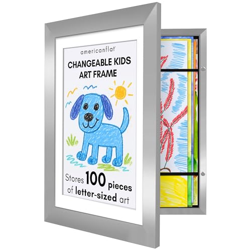 Americanflat A4 Kids Artwork Display Frame Changeable - Silver - Holds 100 art pieces, magnetic front door, built-in keyholes for wall display, stores finished artwork