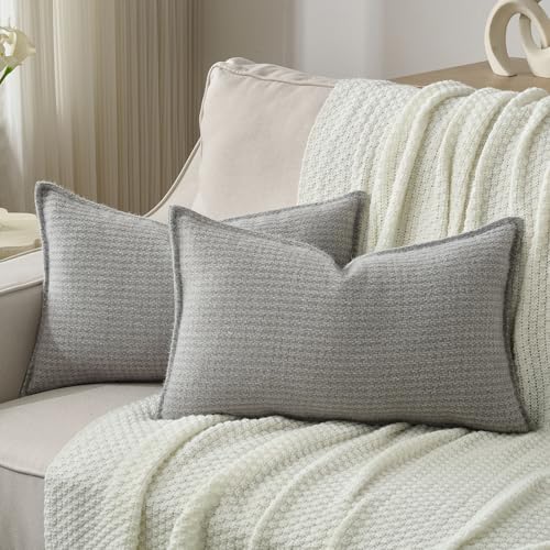 FUTEI Pack of 2 Chenille Throw Pillow Covers 12x20 Inch, Light Grey - Premium Houndstooth Chenille Front/Smooth Velvet Back,Hidden Zipper,Machine Washable,Pilling-Resistant,Colorfast,No Insert.