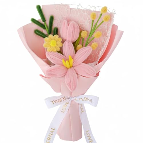 Piklado Hand-Woven Flower Bouquet Finished???1pcs??? for Women Girlfriend Birthday Gift Wedding Decoration Crochet Artificial Flower, Bouquet Gift (Pink-Y)