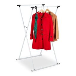 Relaxdays Extendable Clothes Stand, Coat Rack, HxWxD: 139 x 135 x 95 cm, 2 Rails, Hallway, Folding Valet, Metal, White