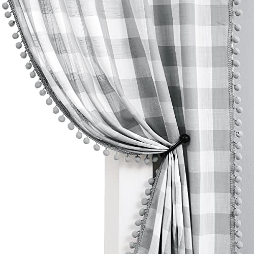 "Treatmentex Grey and White Buffalo Plaid 95"" Pom Pom Curtains, 2 Panels, 80"" W x 95"" L, Rod Pocket, Farmhouse Style, Living Room, Study, Bedroom, Dining, Children's Room"