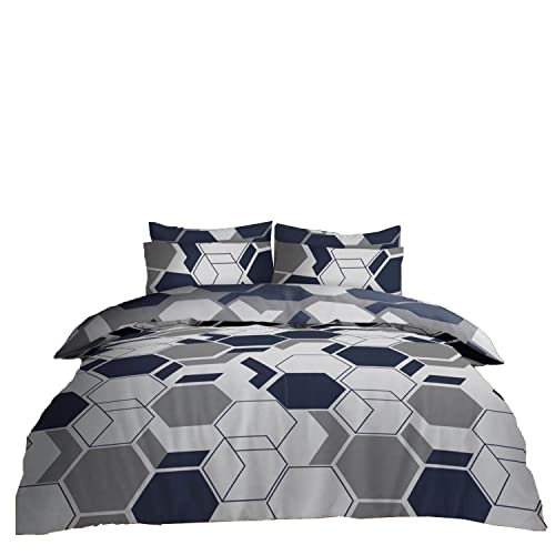 Super Dreamer Geometric Duvet Quilt Cover With Fitted Sheet & Matching Pillowcases, 4 Piece Complete Bedding Set King Size, Navy/Grey