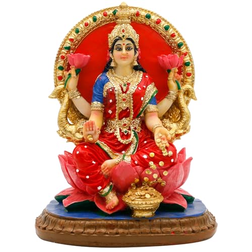 alikiki Indian Lakshmi Idol Statue - 5.1”H Hindu Goddess Laxmi MATA Murti India Pooja Item Home Office Temple Mandir Shrine Altar Diwali Puja Spiritual Decor for Indian Friend Relative