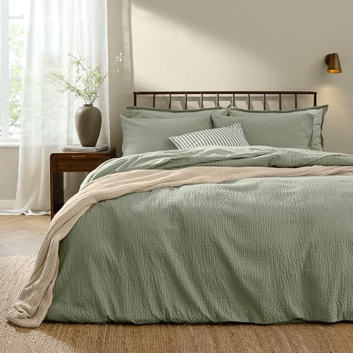 Yard furn Hebden Seersucker Duvet Cover Set – Soft Relaxed Cotton Textured Bedding (Bay Green – King)