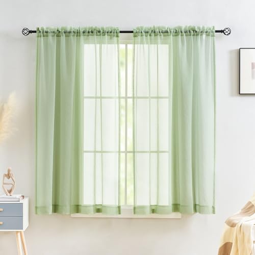 "MYSTIC-HOME Sheer Curtains Sage Green 45 Inch Length, Rod Pocket Voile Drapes Treatments Semi Crinkle Curtain Panels for Patio, Villa, Parlor, Set of 2, Sage Green, 52"" Wx45 L"