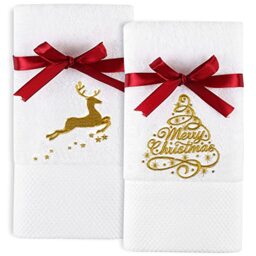 Quera 2 Pack Christmas Hand Towels Christmastree Reindeer 100% Cotton Embroidered Premium Luxury Decor Bathroom Set for Drying, Cleaning, Cooking, Holiday Towels Gift Set 13.7'' X 29.5''