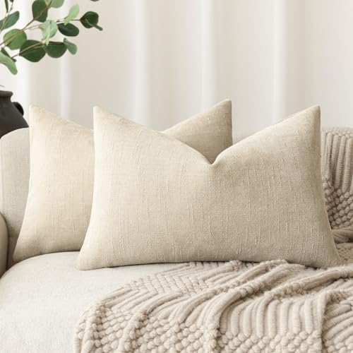 Foindtower Pack of 2 Soft Textured Chenille Throw Decorative Pillow Covers Lumbar Accent Solid Cushion Cover Cozy Neutral Farmhouse Pillow Case for Couch Sofa Bedroom Living Room 12x24 Inch, Beige