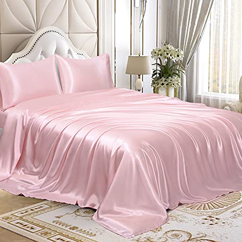 Homiest Cal King Blush Pink Deep Pocket Satin Sheets, 4-Piece - 15-Inch Deep Pocket Design, Silky Soft for Hair And Skin, Wrinkle And Fade Resistant, Machine Washable, Glossy Finish