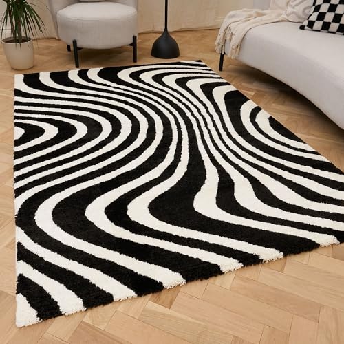 THE RUGS Joli Area Rug - Soft Dense Pile Modern Artistic Design, Durable & Easy Care Carpet for Living Room & Bedroom - Wavy Stripe Black & White, 80 x 150 cm