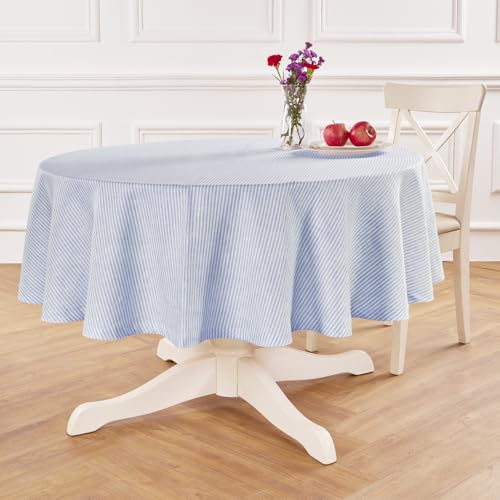 Solino Home 100% Pure Linen Round Tablecloth, 60 in, Blue and White Striped - Narrow Stripe Round Table Cloth for round dining tables woven stripe design Cornflower Blue and White OEKO-TEX Certified