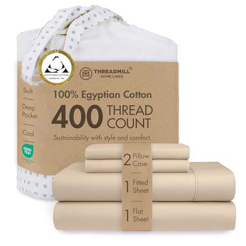 "Threadmill 400TC Egyptian Cotton King Sheet Set, Sateen, Solid, Beige - 100% Egyptian Cotton, Sateen Weave, 4-Piece Set, 16"" Deep Pocket, All-Around Elastic, Cooling, Breathable, All-Season"