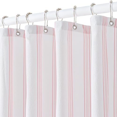 ORTIGIA Textured Fabric Shower Curtain-Pink Striped, 72x96 Inch Seersucker Structure Bathroom Curtain with 15 Metal Hooks, Pink and White Striped Shower Curtain for Farmhouse Bathrooms