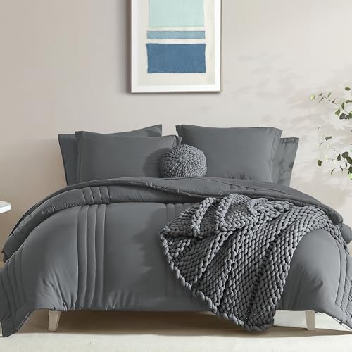 Full Size Comforter Set-7 Pieces Grey Soft Bed in a Bag Full Bedding Sets - Monbix All-Season Vertical Quilted Comforter with Sheets, Pillow Shams & Pillowcases