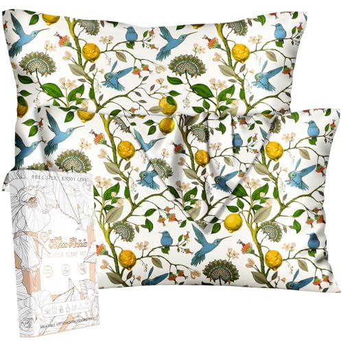 Miss Adola Silk Pillow Cases 2 Pack - Queen Size 20 x 30 Inch Mulberry Silky Pillowcase for Hair and Skin Soft Cute Aesthetic Bed Sleeping Pillow Cover with Zipper for Women, Lemon Bird
