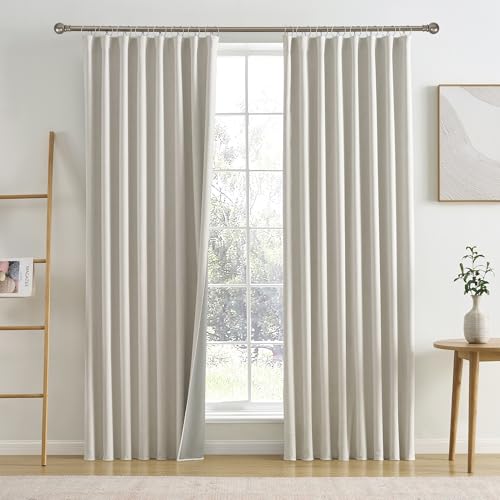 "RAIN CITY 92 Inch Long Black Out Curtains 2 Panels Custom Drapery Neutral Blackout Pleated Ceiling Track Curtain for Dining Room Linen Textured Back Tab with Hooks 50""x92"""