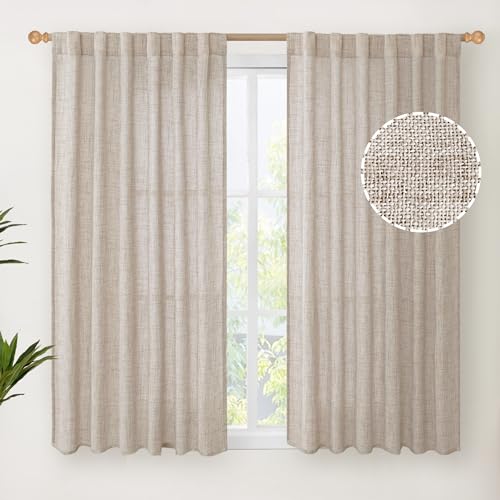 YoungsTex Natural Linen Curtains 45 Inch Length for Kitchen Bathroom Window, Burlap Semi Sheer Drapes with Rod Pocket Back Tab Light Filtering for Cafe Bedroom Counrty, 52 X 45 Inch, 2 Panels