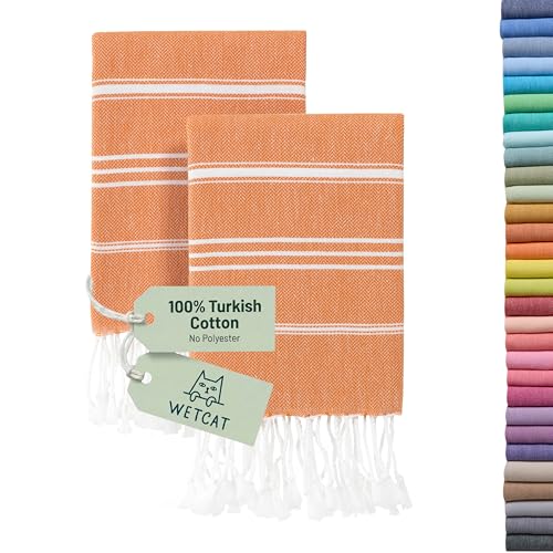 "WETCAT Turkish Hand Towels with Hanging Loop, Set of 2 (20"" x 30"") 100% Turkish Cotton, Pre-Washed, Quick Drying, for Kitchen or Bathroom - Burnt Orange"
