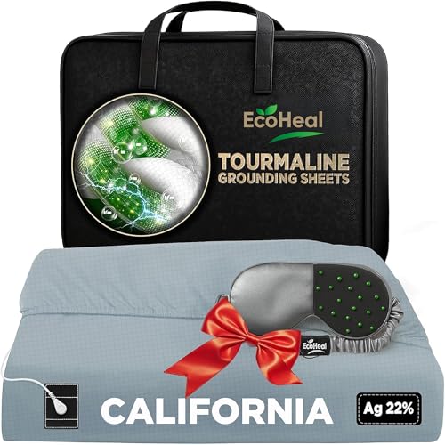 ECOHEAL Grounding Sheet with 20% Silver Fiber and Tourmaline Cotton ??? Fitted Conductive Bed Sheet with Grounding Cord, Eye Mask, and Tester ??? Earth Connection Sheet (Cloud Grey, California)
