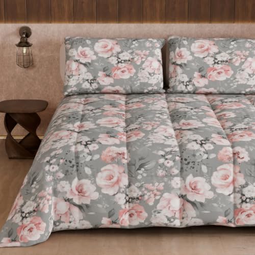PETTI Artigiani Italiani Printed Winter Duvet 170 ?? 260 cm - Floral 17 Grey, reversible microfibre quilt, 300 g/m??, Made in Italy