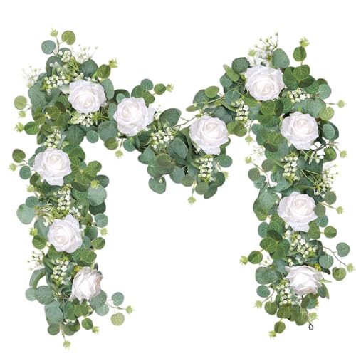 QuarenDen 6FT Artificial Eucalyptus Garland with Flowers, Fake Rose Flower Vine, Faux Floral Greenery Garland for Table Centerpiece Wedding Party Wall Arch Decor