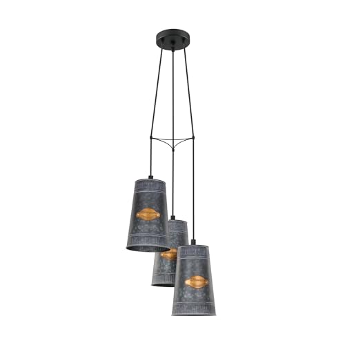 EGLO Honeybourne Pendant Light, 3-Bulb Vintage Industrial Retro Pendant Light Made of Galvanised Steel Antique Gold Black Dining Table Lamp Living Room Lamp Hanging with E27 Socket