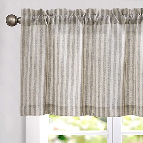 Vangao Kitchen Valance Linen Stripe Short Curtains Farmhouse Country Rustic Tickingstripe Light Filtering Rod Pocket Window Topper Treatments 16 Inch 1 Panel Grey on Beige