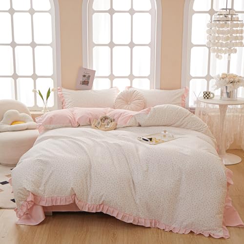 MOTNTD Pink Floral Full Duvet Cover Set - Ruffle Coquette Comforter Cover, Cotton Boho Aesthetic Cute Bedding With 4 Corner Ties, Soft Striped Duvet Protector