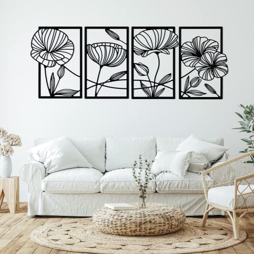 Cunno 4 Pcs Metal Wall Decor Line Art Wall Minimalist Bedroom Living Room Aesthetic Flower Modern Sculpture Poppy Floral Theme Hanging Bedroom Home Kitchen Bathroom 16.5 x 11.9 Inch (Black)
