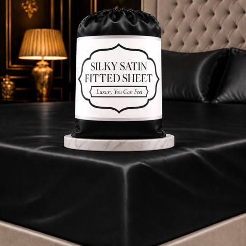 DECOLURE Satin Fitted Sheet Queen Size (1 PC) ??? Luxuriously Smooth & Softer Than Silk Bed Sheets w/ 15 Inch Deep Pocket Hypoallergenic Wrinkle Free, Secure Snug Fit, Elastic Corner Straps (Black)