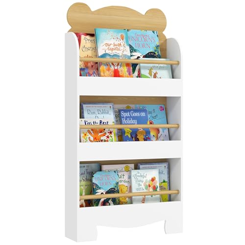 AIYAPLAY Kids Bookshelf, 3 Tier Children Bookcase, Bear Theme Toddler Space-Saving Bookcase for Living Room, Kids Room, Playroom, White