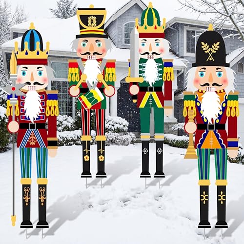 Soaoo 4 Pcs Christmas Nutcracker Gnome Yard Sign with Large Stakes Xmas Courtyard Decor Giant Nutcracker Gnome Outdoor Christmas Decoration for Outside Lawn Porch