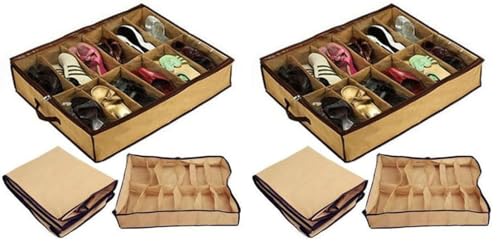 HK Online Underbed Shoe, Underwear & Sock Storage with 12 Compartments, Strong Material (Pack of 2)