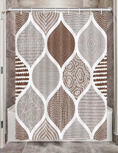 JAWO Tan and Grey Camper RV Shower Curtain for Travel Trailer Bathroom, Brown Retro Bohemian Geometric Camping Small Narrow Fabric Shower Curtains Set, Happy Camp Decor Accessories 47X64 in