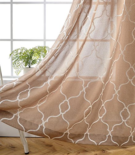 Miuco Embroidered Faux Linen Semi Sheer Curtains for Living Room