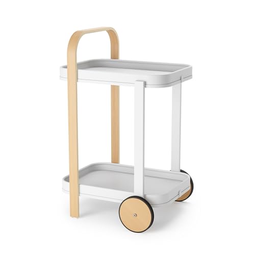 Umbra Bellwood Bar and Serving Cart, Modern 2 Tier Mobile Cart on Wheels with Removable Trays, White/Natural