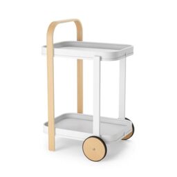 Umbra Bellwood Bar and Serving Cart, Modern 2 Tier Mobile Cart on Wheels with Removable Trays, White/Natural