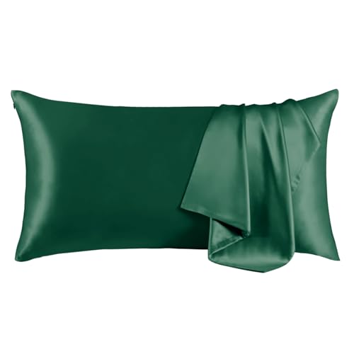 "THXSILK Set of 2 100% Mulberry Silk Pillowcase for Hair and Skin, Grade 6A+ Mulberry Silk Pillow Cases Ultra-Soft, Hypoallergenic Pillow Case Cover with Zipper (California King 20""x40"", Green)"