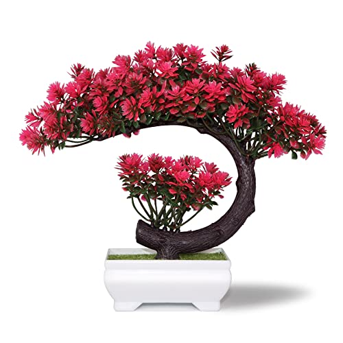 "yoerm Small Fake Plants - Plastic Artificial Bonsai Tree Magenta for Home Bedroom Wall Shelf Office Desk Farmhouse Room Decor, Tall 8.5"""