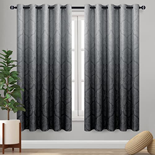 DWCN Ombre Blackout Curtains for Bedroom - Damask Patterned Thermal Insulated Energy Saving Grommet Curtains for Living Room, Set of 2 Gradient Window Curtain Panels, 60 x 63 Inch Length, Black