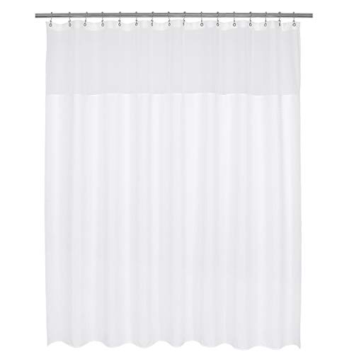 Barossa Design XLarge Fabric Shower Curtain with Sheer Window 96 x 96 inch, Waffle Weave, Hotel Grade, 230 GSM Heavyweight, Water Repellent, Machine Washable, White, 96x96