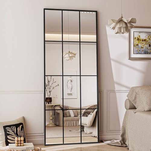 Koonmi Window Mirror 60 x 165 cm - Rectangular Designed Grid Decorative Full Body Mirror with Metal Frame Hanging for Entryway, Living Room, Black