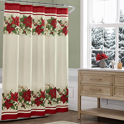 Elrene Home Fashions Red and White Poinsettias Fabric Bathroom Shower Curtain, Multi
