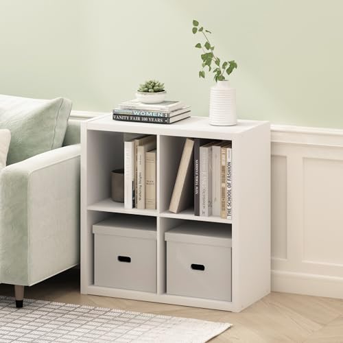 Furinno CUBICLE Book Shelf, 4-Cube Bookshelf, Extra Thick Frame Reversible Bookcase with Open Back, 37.1cm x 76.2cm x 76.2cm, for Living Room, Bedroom, Home Office, Plain White